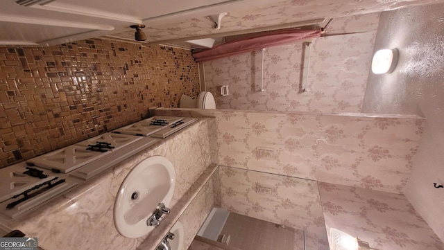 bathroom featuring tasteful backsplash and sink