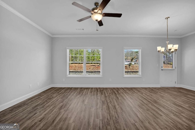 unfurnished room featuring crown molding, ceiling fan with notable chandelier, and dark hardwood / wood-style flooring