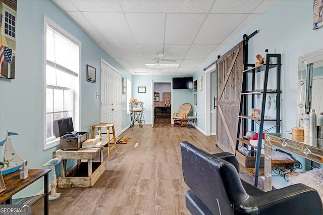 interior space with wood-type flooring, a barn door, a wealth of natural light, and a drop ceiling