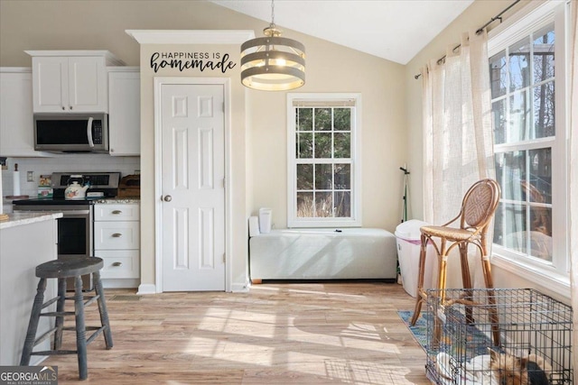 interior space with stainless steel appliances, light stone countertops, white cabinets, decorative light fixtures, and vaulted ceiling