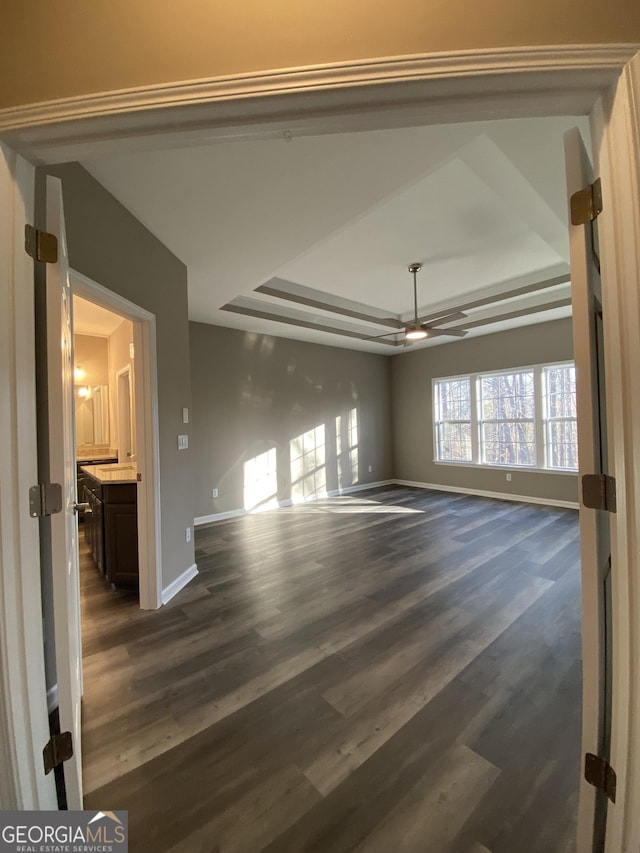 spare room with dark wood-type flooring and a raised ceiling