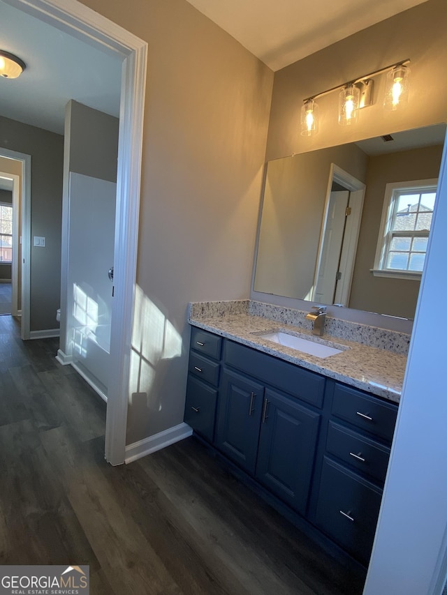 bathroom with vanity, hardwood / wood-style floors, and a healthy amount of sunlight