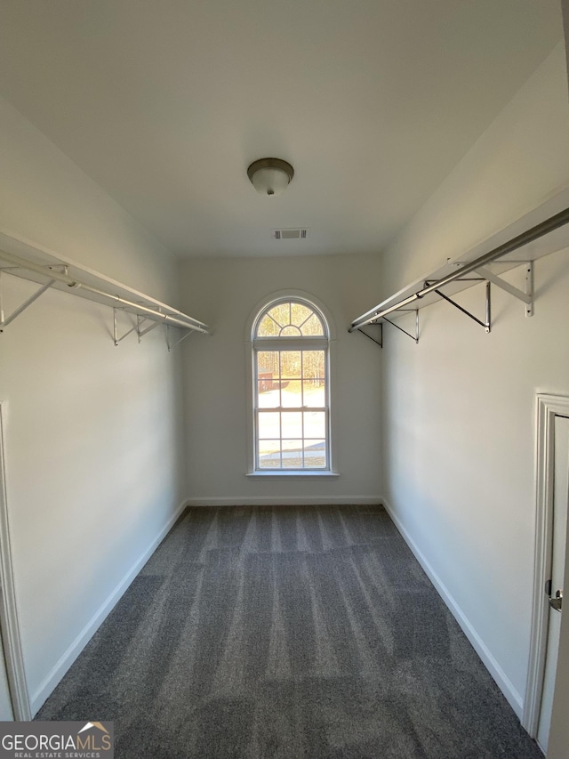 walk in closet featuring dark carpet