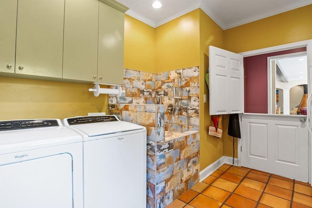 clothes washing area with light tile patterned floors, crown molding, cabinets, and washing machine and clothes dryer