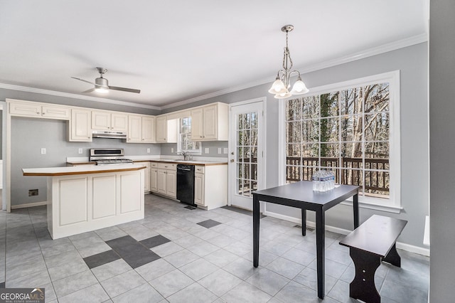 kitchen featuring pendant lighting, sink, dishwasher, stainless steel range, and ornamental molding