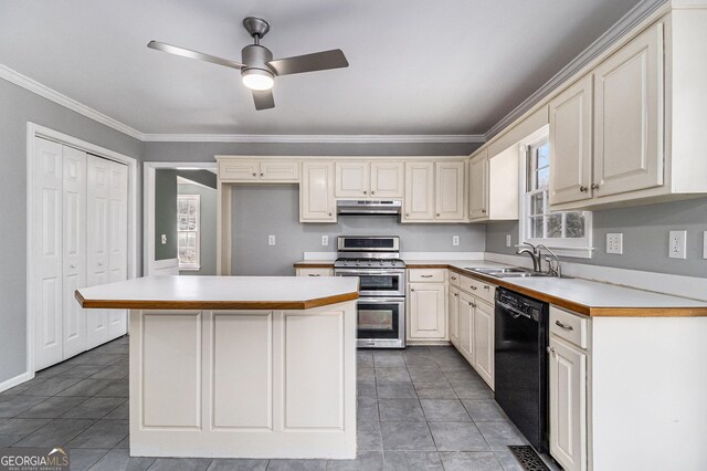 kitchen featuring a kitchen island, sink, black dishwasher, range with two ovens, and ornamental molding