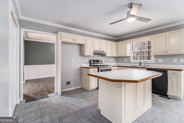 kitchen featuring black dishwasher, sink, a center island, crown molding, and stainless steel range with gas stovetop