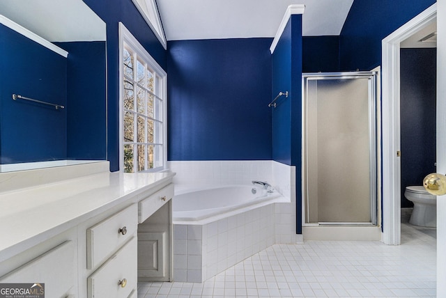 full bathroom with vanity, toilet, independent shower and bath, and tile patterned flooring