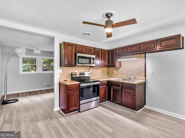 kitchen with tasteful backsplash, appliances with stainless steel finishes, sink, and light wood-type flooring