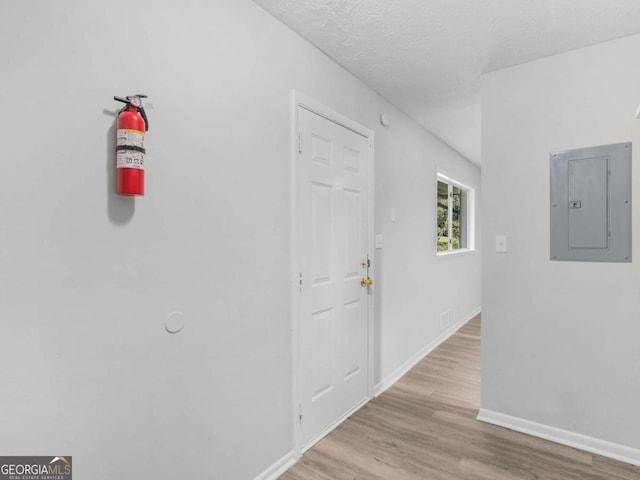 hallway featuring electric panel, light hardwood / wood-style flooring, and a textured ceiling