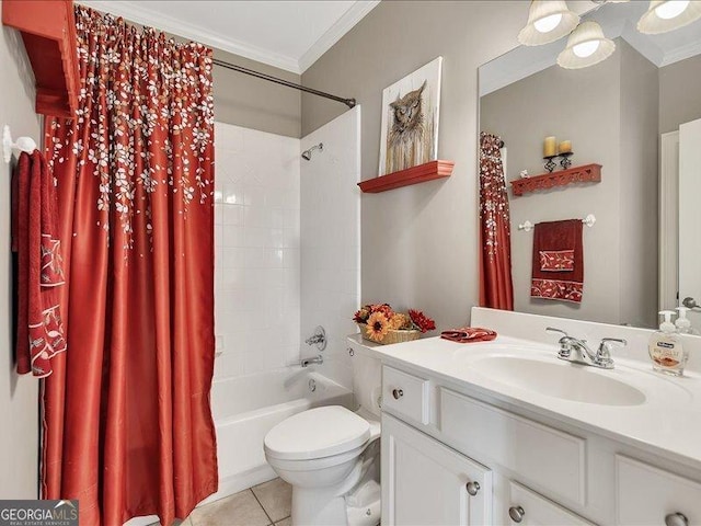 full bathroom featuring crown molding, toilet, tile patterned flooring, and shower / bath combo