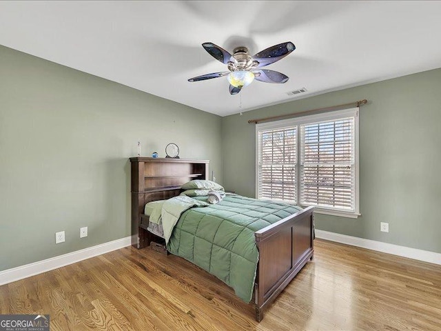 bedroom with ceiling fan and light wood-type flooring