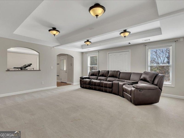 carpeted living room with a tray ceiling