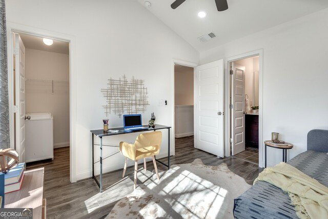 bedroom featuring hardwood / wood-style flooring, vaulted ceiling, and ceiling fan