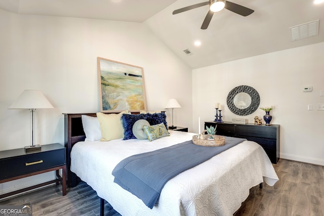 bedroom with lofted ceiling, visible vents, ceiling fan, wood finished floors, and baseboards