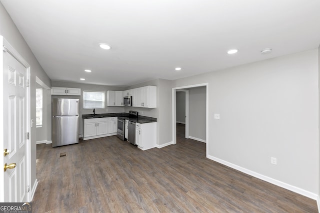 kitchen with white cabinetry, dark wood-type flooring, and stainless steel appliances