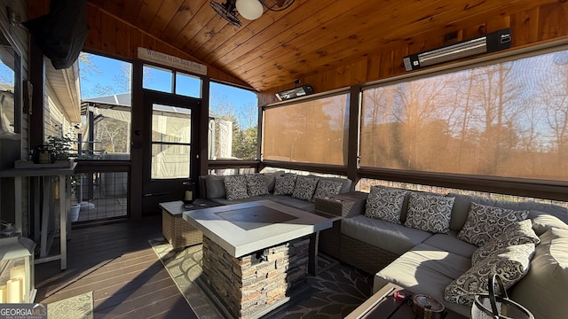 sunroom / solarium with wood ceiling and lofted ceiling