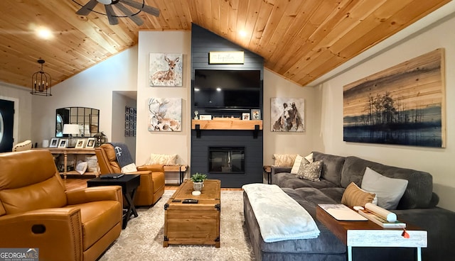 living room with ceiling fan, a fireplace, high vaulted ceiling, and wooden ceiling