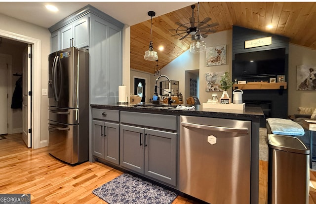 kitchen featuring sink, wood ceiling, decorative light fixtures, gray cabinets, and stainless steel appliances