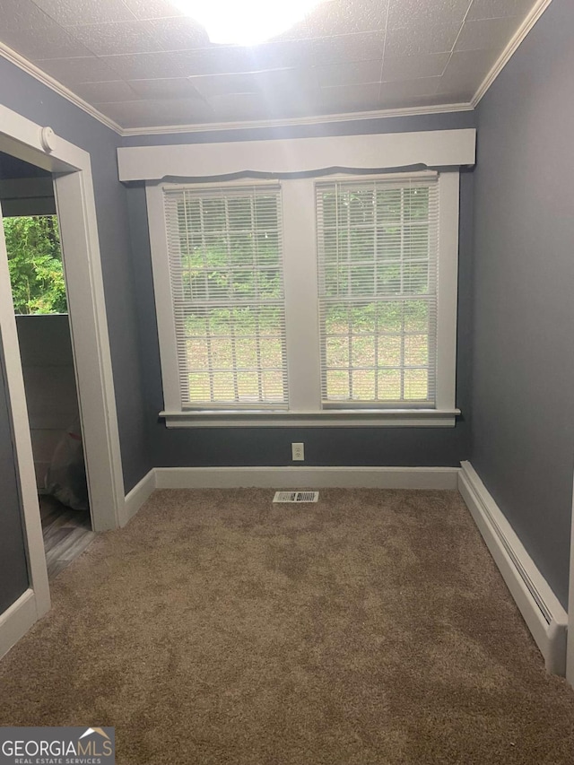 carpeted spare room with crown molding and a baseboard heating unit