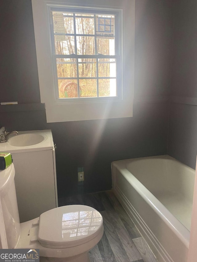 bathroom featuring vanity, a tub to relax in, wood-type flooring, and toilet