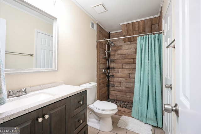 bathroom with vanity, ornamental molding, toilet, tile patterned floors, and a shower with shower curtain