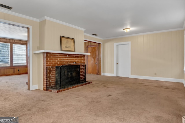 unfurnished living room featuring ornamental molding, carpet flooring, and a brick fireplace