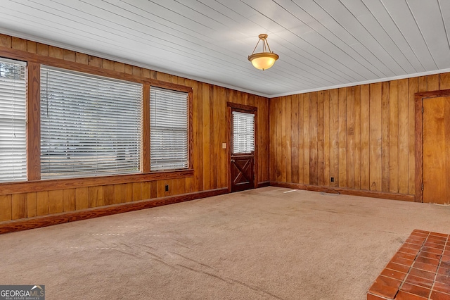 unfurnished room featuring ornamental molding, wooden walls, and carpet floors