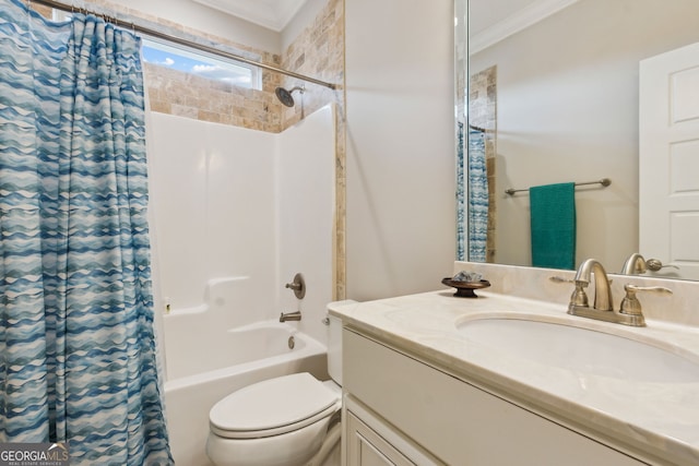 full bathroom with crown molding, shower / bathtub combination with curtain, vanity, and toilet