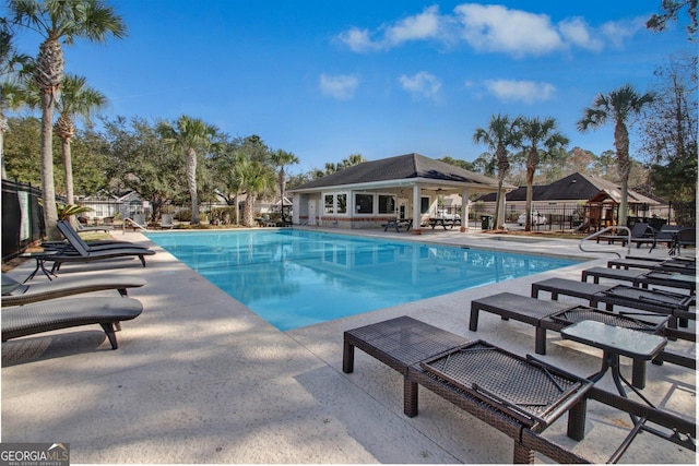 view of swimming pool featuring a gazebo and a patio area