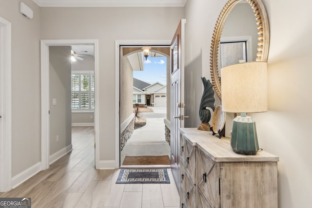 entrance foyer featuring crown molding and light hardwood / wood-style flooring