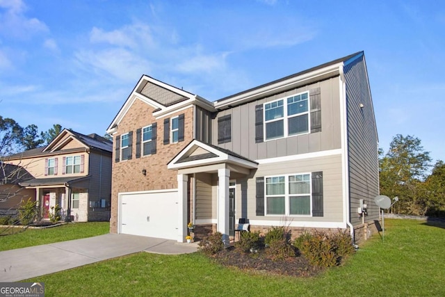 craftsman inspired home featuring a garage and a front lawn