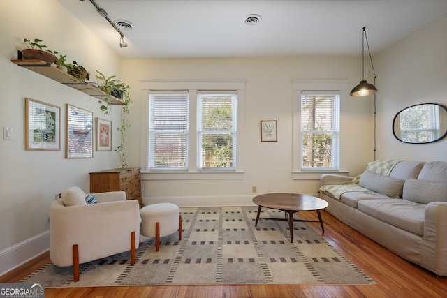 living room featuring track lighting and light hardwood / wood-style floors