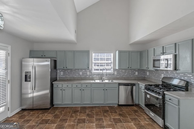 kitchen with stainless steel appliances, sink, and gray cabinets