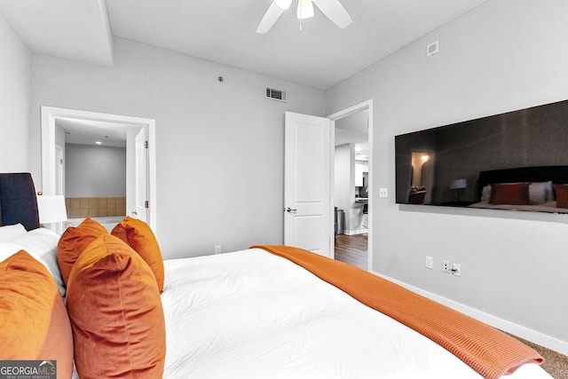 bedroom featuring visible vents, baseboards, and a ceiling fan