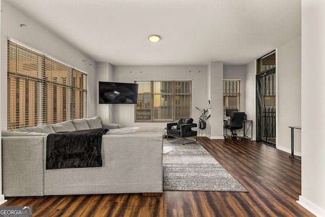 living area featuring baseboards and wood finished floors