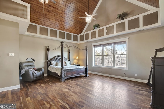 unfurnished bedroom with wood ceiling, high vaulted ceiling, and dark hardwood / wood-style floors