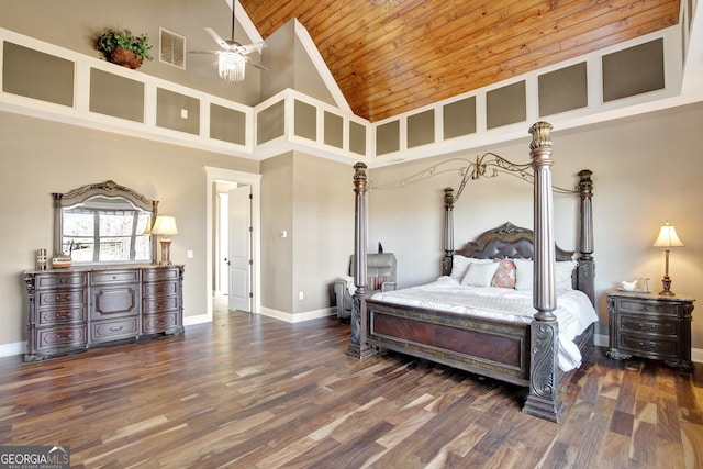 bedroom featuring dark hardwood / wood-style flooring, high vaulted ceiling, and wooden ceiling