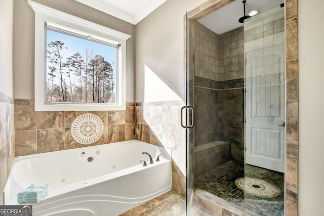 bathroom featuring tile patterned floors and plus walk in shower