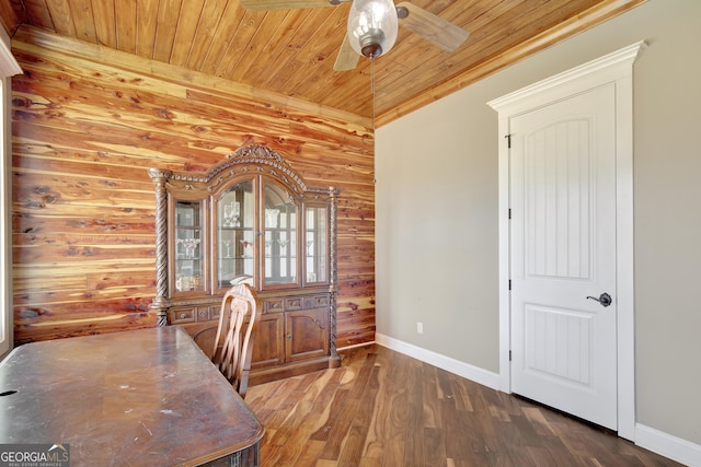 office with wood ceiling, ceiling fan, wood-type flooring, and wooden walls