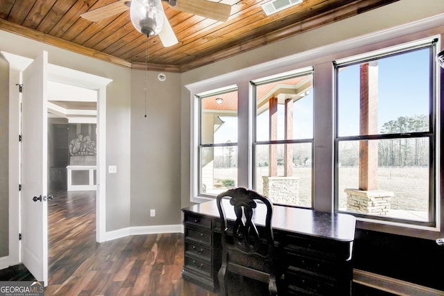 office with ceiling fan, ornamental molding, dark hardwood / wood-style floors, and wooden ceiling