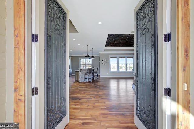 foyer with crown molding and wood-type flooring