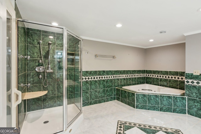 bathroom with ornamental molding, separate shower and tub, tile patterned flooring, and tile walls