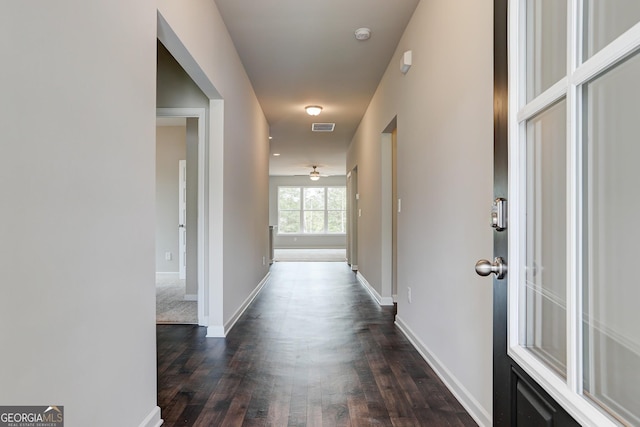 hallway with dark hardwood / wood-style flooring