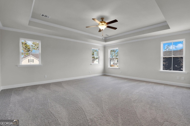 empty room with a wealth of natural light, a tray ceiling, carpet, and visible vents