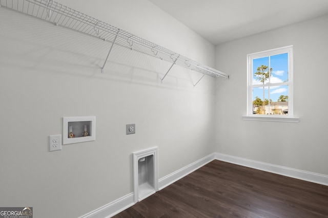 laundry room featuring baseboards, washer hookup, laundry area, hookup for an electric dryer, and dark wood-style flooring