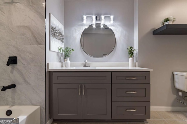 bathroom featuring vanity, tile patterned flooring, and bathtub / shower combination