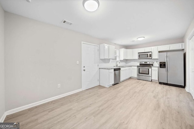 kitchen with white cabinetry, appliances with stainless steel finishes, sink, and light hardwood / wood-style flooring