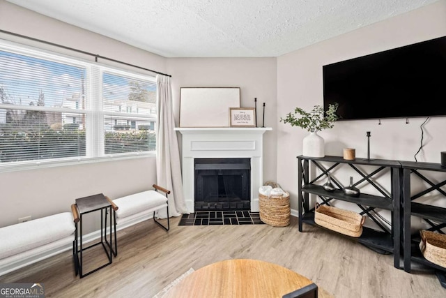 living room with hardwood / wood-style flooring and a textured ceiling