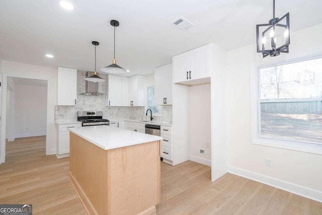 kitchen with appliances with stainless steel finishes, sink, white cabinets, a center island, and wall chimney range hood